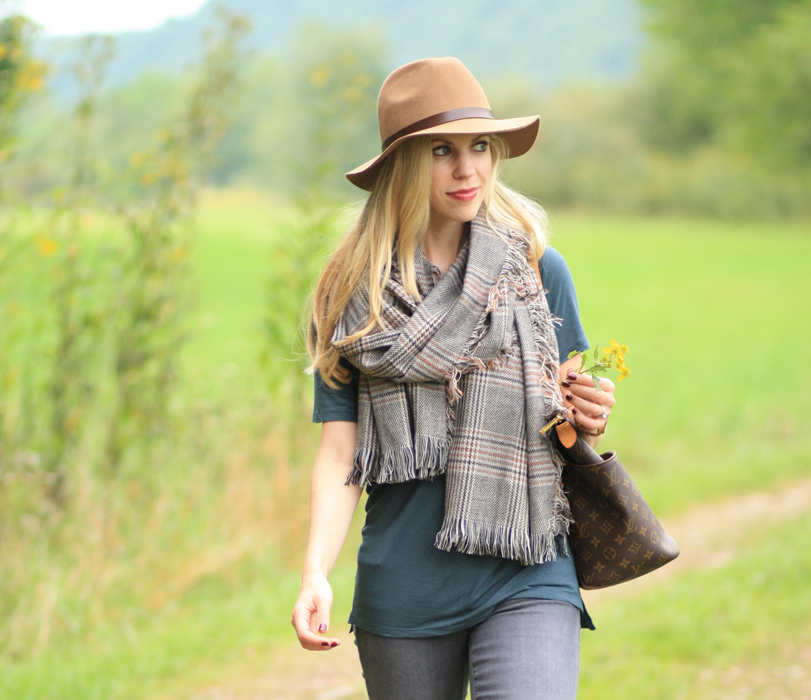 { Mountain Retreat: Oversized plaid scarf, Gray denim & Suede ankle boots } - Meagan&#39;s Moda