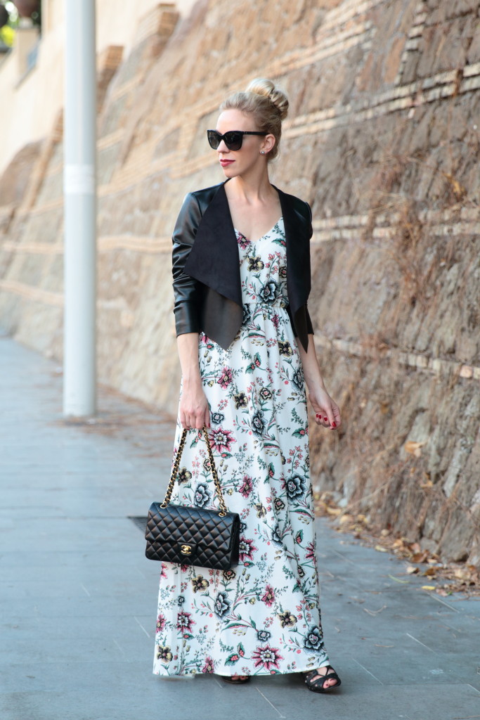 Transitional Maxi: Floral dress, Leather jacket & Lace-up sandals }