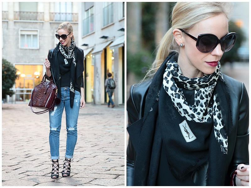 Milan Street Style: Leather jacket, Leopard scarf \u0026amp; Distressed denim }  