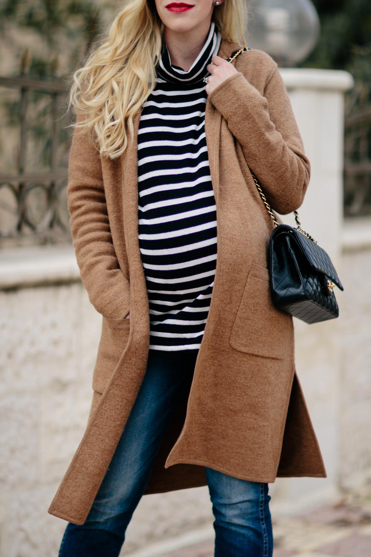 Camel Sweater Coat & Striped Turtleneck with Straight Leg Jeans