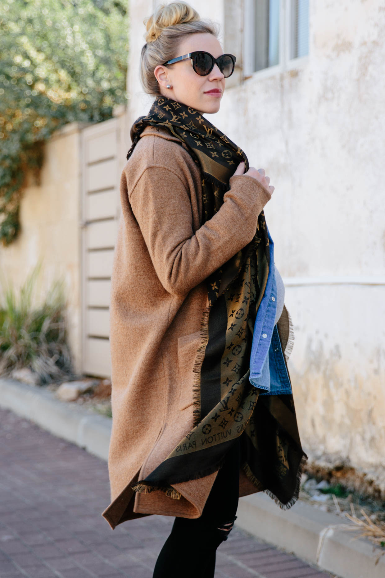 Layered Look for Fall with Camel Sweater Coat, Denim Shirt & Black ...