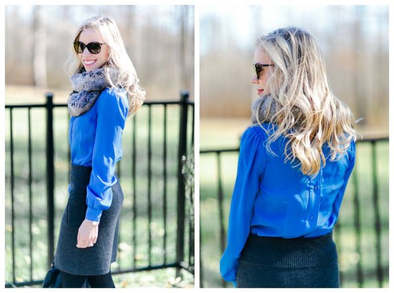 { Blue Burst: Cobalt blouse, Sweater skirt & Fur scarf } - Meagan's Moda