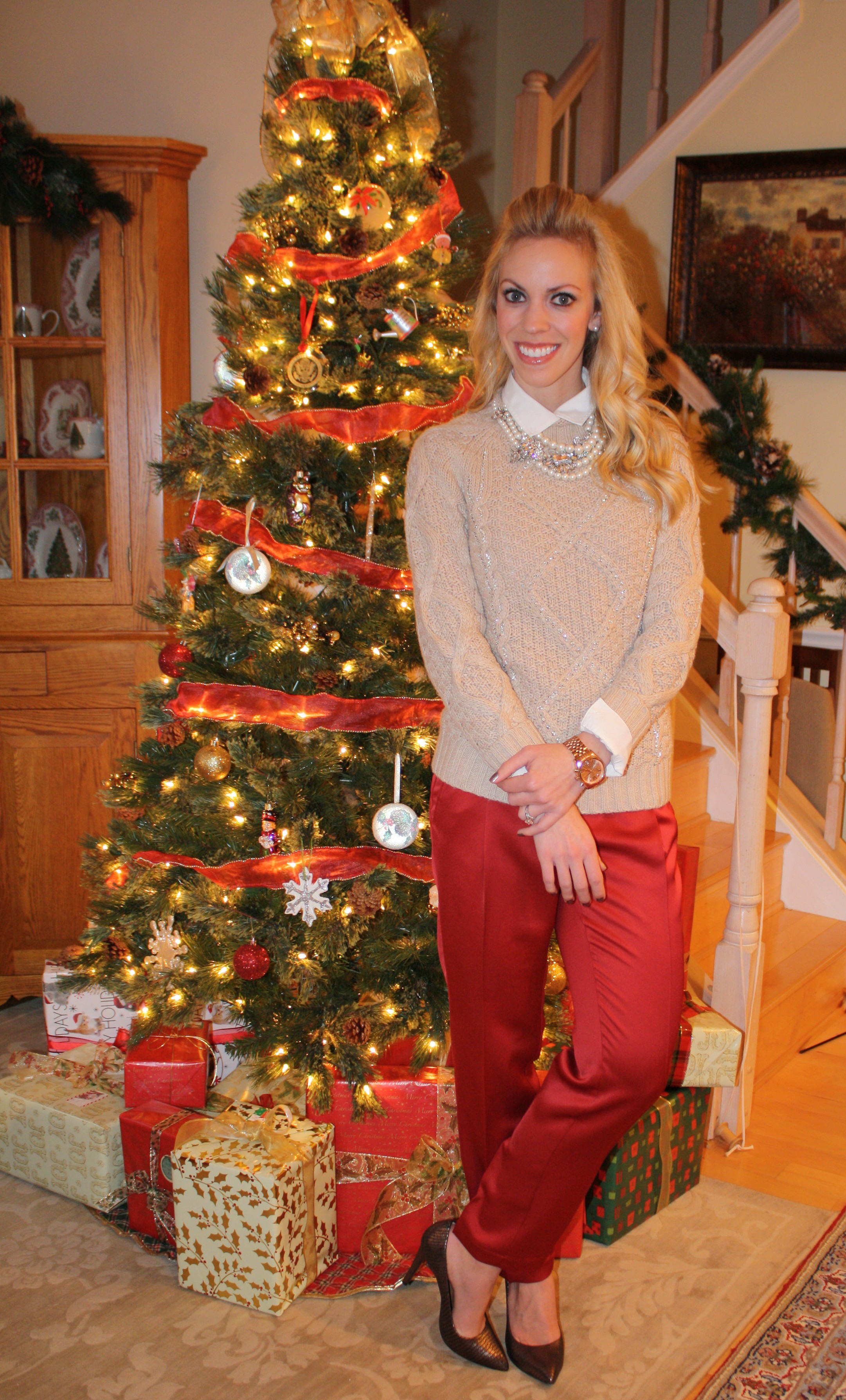 Bedazzled: Beaded cable sweater & Red satin pants } - Meagan's Moda
