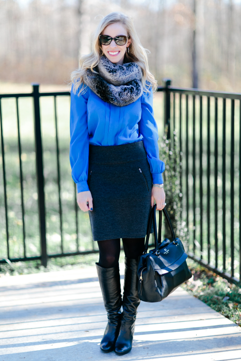 { Blue Burst: Cobalt blouse, Sweater skirt & Fur scarf } - Meagan's Moda