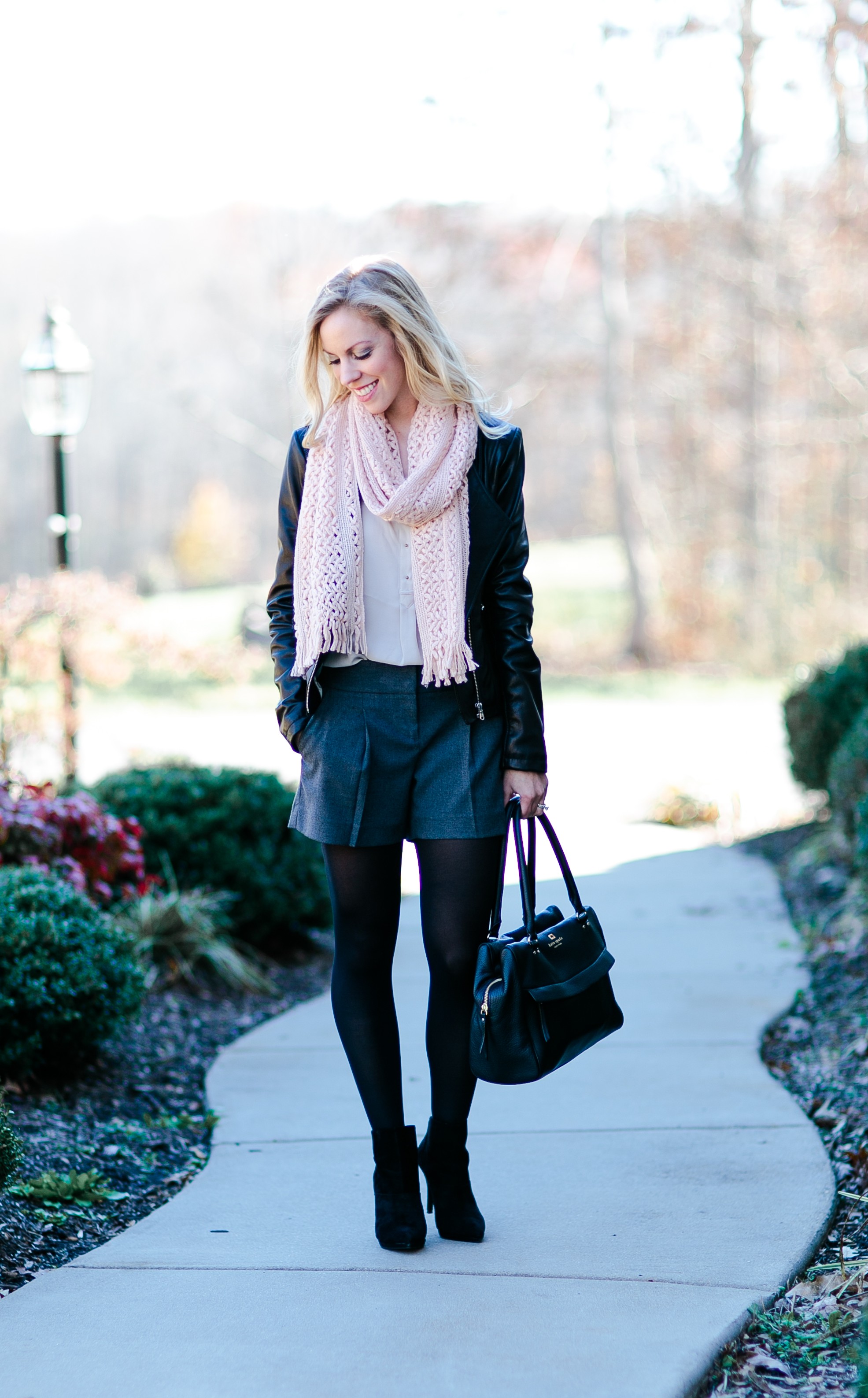 Biker Chic: Leather jacket, Pleated shorts & Pink scarf } - Meagan's Moda