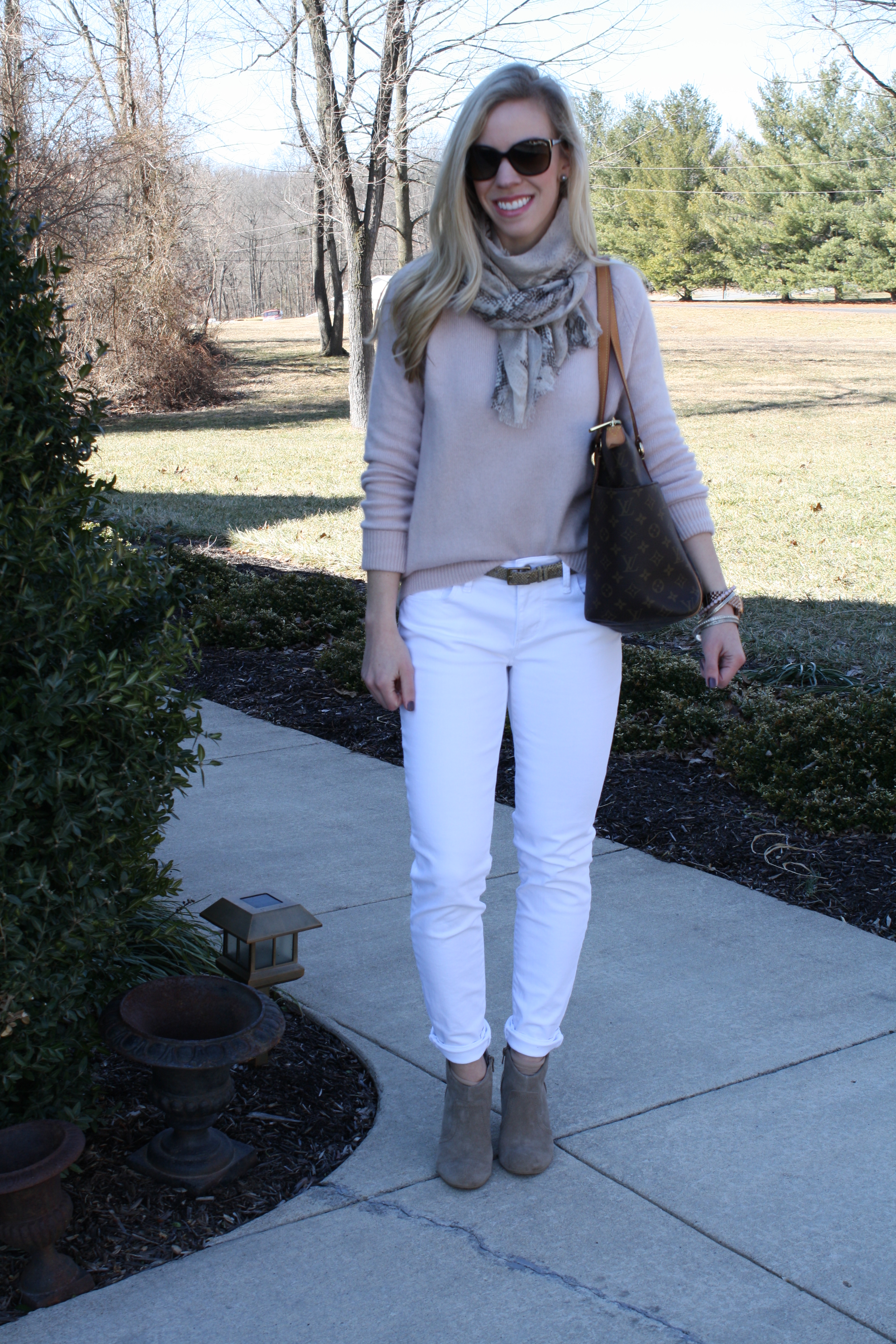 blush pink scarf with tan sweater, white distressed boyfriend jeans, Louis  Vuitton totally MM monogram tote, pink scarf spring outfit - Meagan's Moda