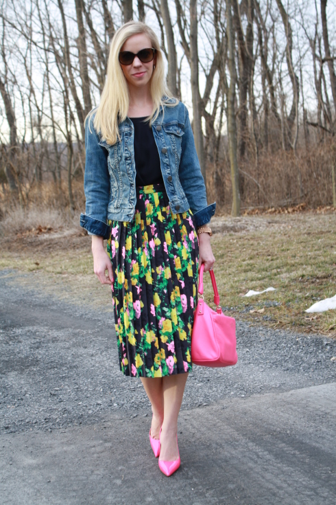 { Neon Floral: Vintage denim jacket, Midi skirt & Pink patent pumps ...