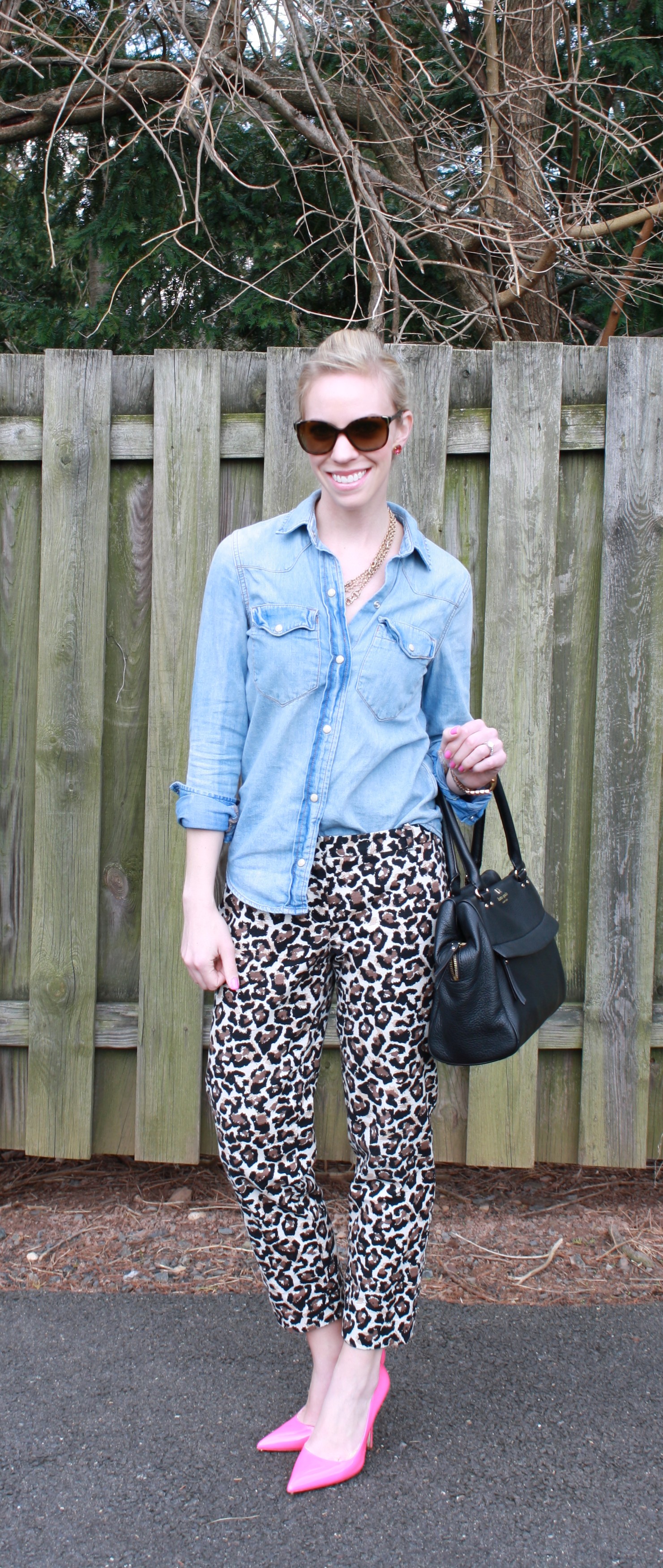 Sassy: Denim shirt, Leopard pants & Neon pumps } - Meagan's Moda
