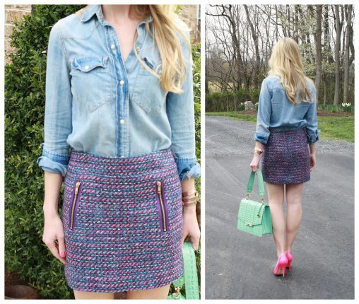 { Candy Colors: Denim shirt, Tweed skirt & Neon pink pumps } - Meagan's ...