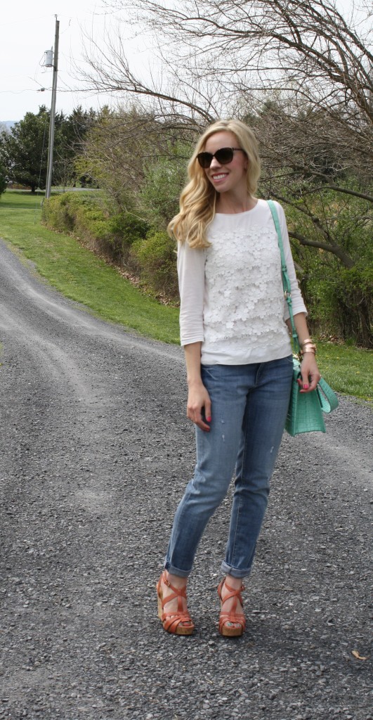 Embroidered lace tee, relaxed skinny jeans, distressed denim, cuffed, Nine West coral wedges