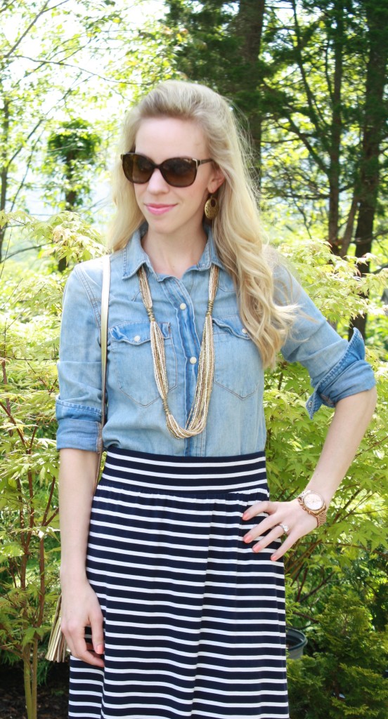 J. Crew chambray denim shirt, long seed bead necklace, navy striped maxi skirt, gold jewelry