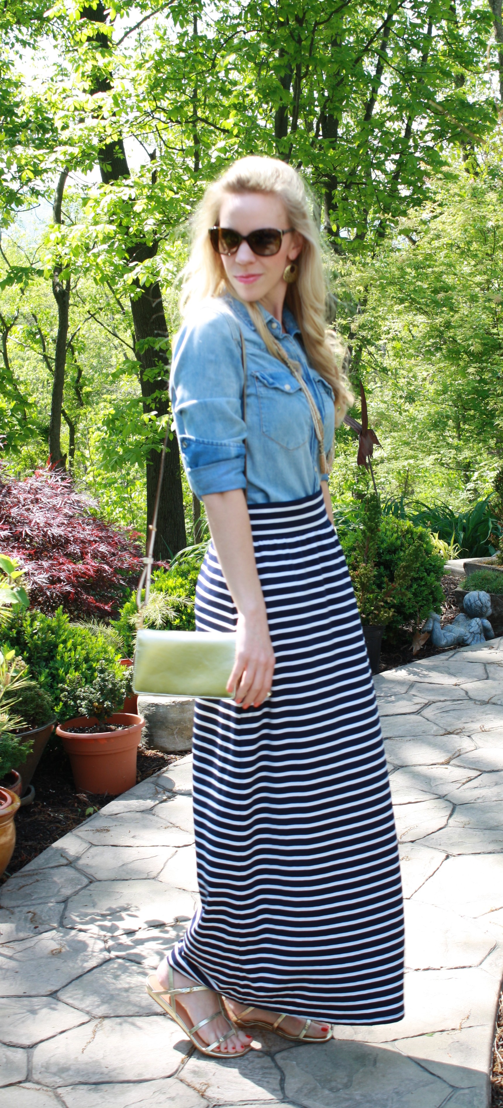 Blue and white shop striped maxi skirt