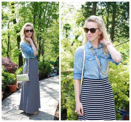 { Midas Touch: Denim shirt, Striped maxi skirt & Gold accessories ...