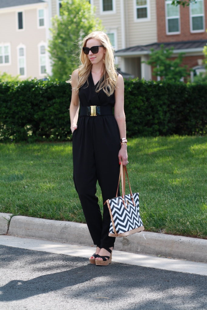 { One and Done: Black jumpsuit, Wide belt & Chevron print tote ...