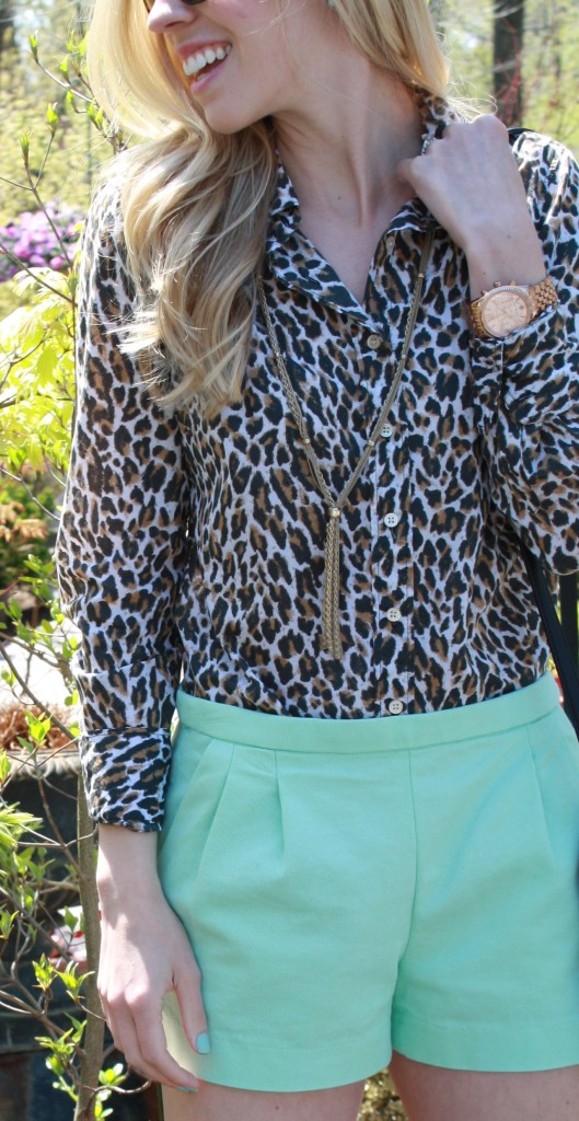 leopard button down, mint shorts, gold tassel necklace