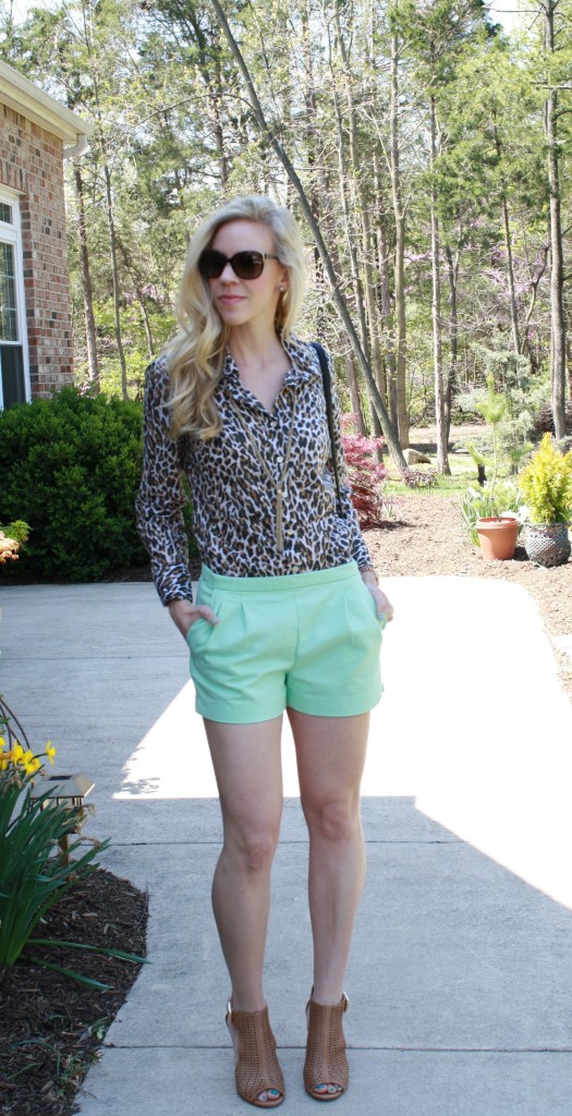 leopard button down, mint shorts, gold tassel necklace, perforated tan peep-toe booties