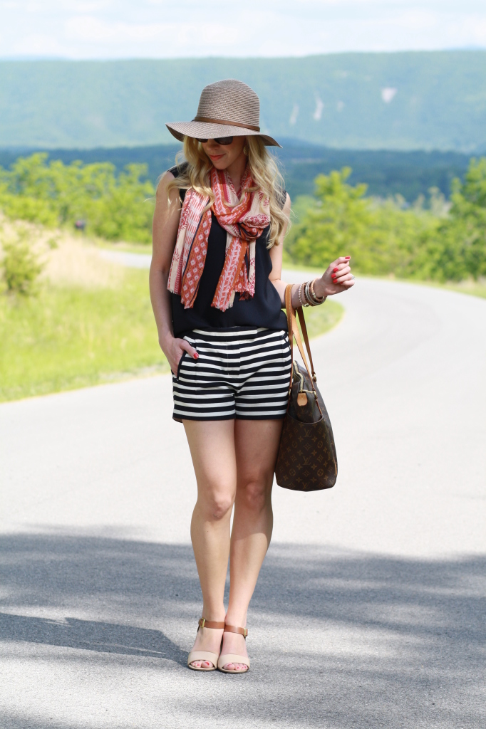 navy top, navy striped shorts, printed scarf, pattern mixing, brown straw floppy hat, block  heel sandals, Louis Vuitton MM tote