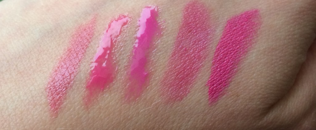 Bare Minerals speak your mind, Revlon pink pop, Bare Minerals life of the party gloss, Clinique chubby stick pudgy peony, Bare Minerals Moxie never say never