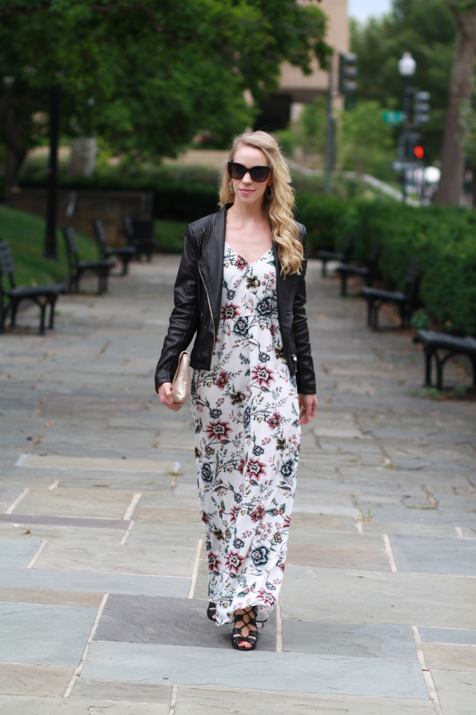 black leather moto jacket, floral maxi dress, Chanel cateye sunglasses, lace-up heels