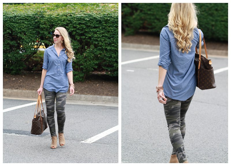 chambray denim button down tunic shirt, camo skinny jeans, Louis Vuitton  tote, Stuart Weitzman tan peep-toe boots - Meagan's Moda