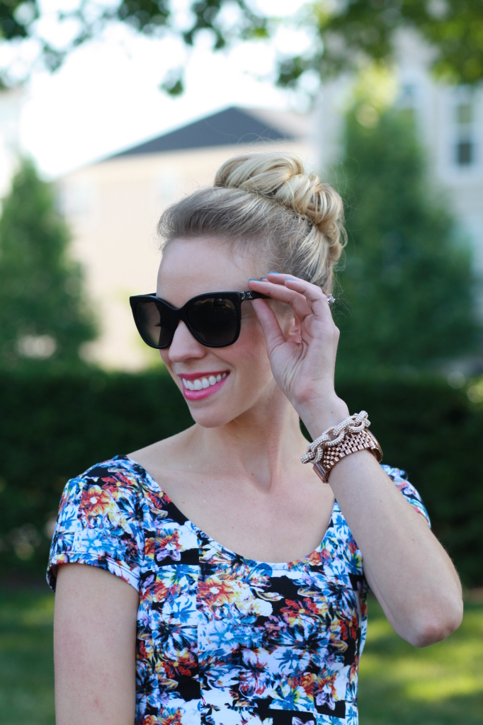 cropped floral top, black Chanel cateye sunglasses, rose gold pave chain link bracelet, rose gold Michael Kors watch