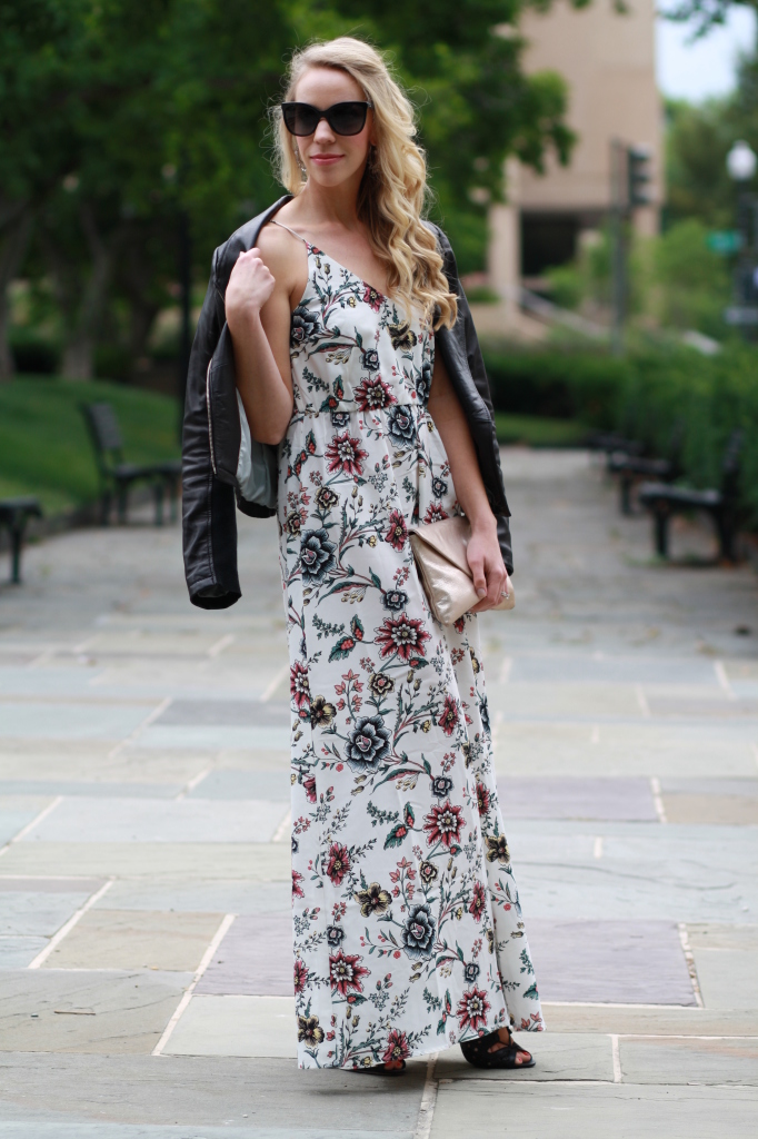 floral maxi dress, leather moto jacket, Chanel sunglasses, gold clutch
