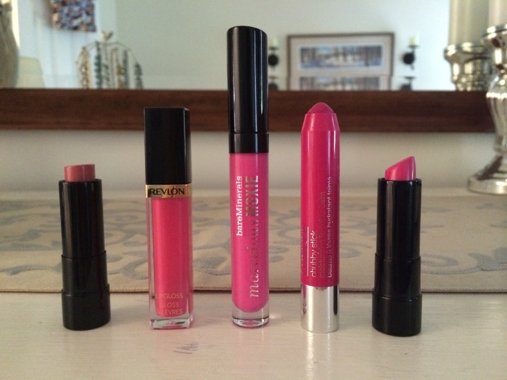 pink lip review, Bare Minerals moxie speak your mind, Revlon pink pop, Bare Minerals life of the party, Clinique chubby stick pudgy peony, Bare Minerals Moxie never say never