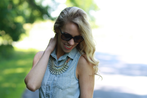 { Chambray & Lace: Sleeveless denim shirt, Mint shorts & Gold wedges ...