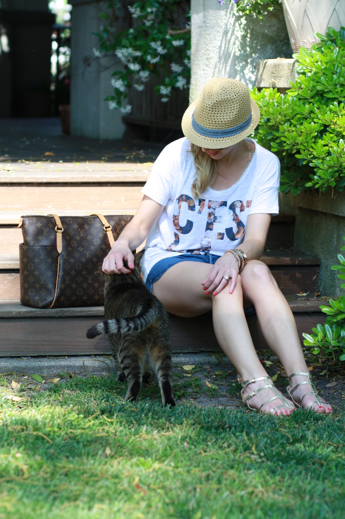 straw fedora hat, graphic tee, chambray shorts, gold flat gladiator sandals, Louis Vuitton MM tote