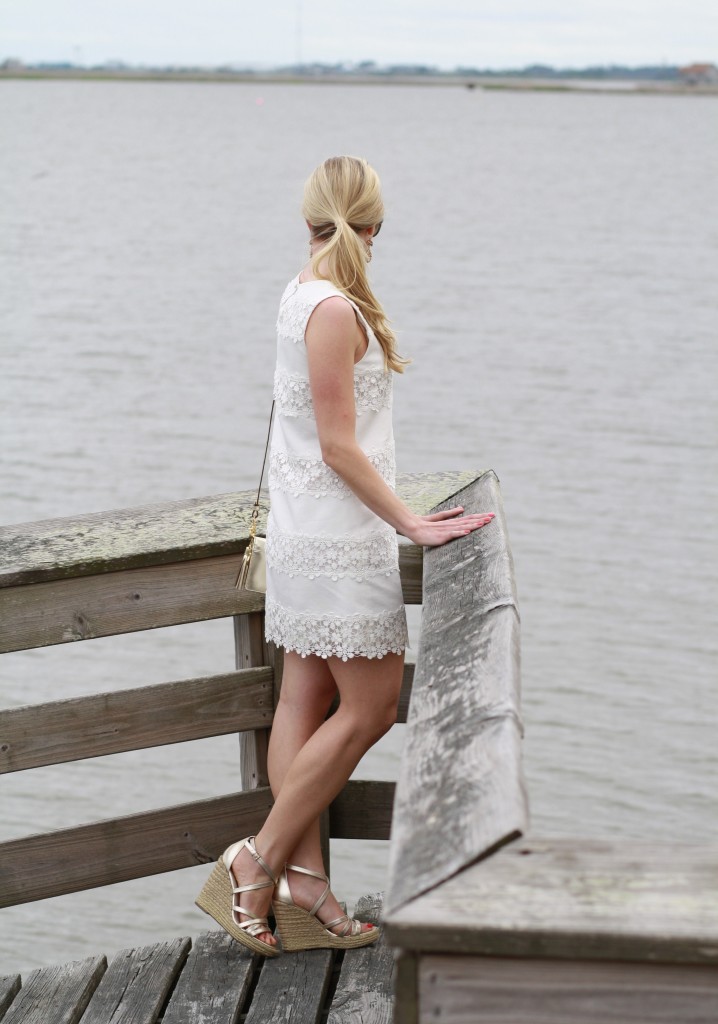 white lace shift dress, gold wedge sandals