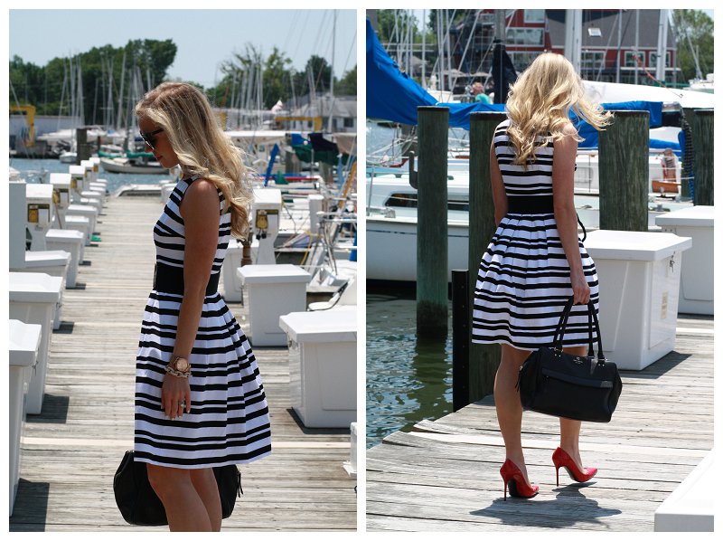 { nautical stripes: black and white dress, wide belt & red