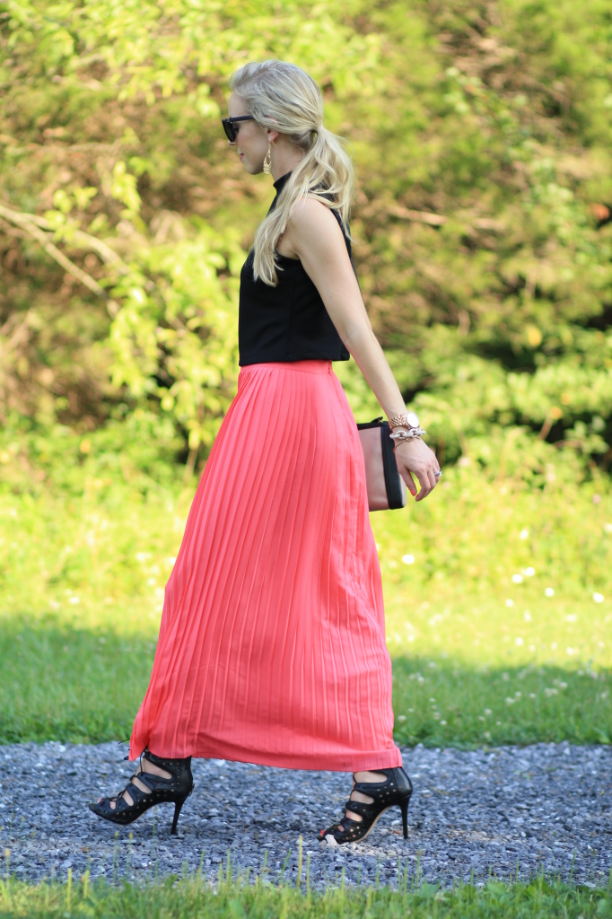J. Crew coral pink midi skirt, black sleeveless crop top, black leather lace-up open toe booties, summer style