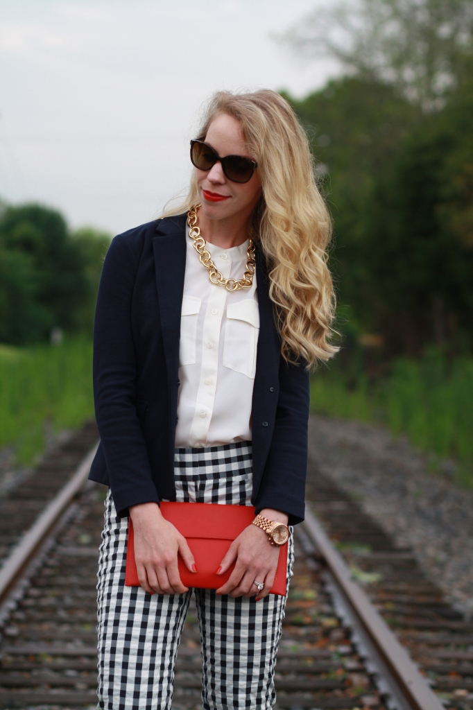 Prada sunglasses, cream blouse, navy blazer, red clutch, navy gingham pants, red white and blue, patriotic, Fourth of July outfit