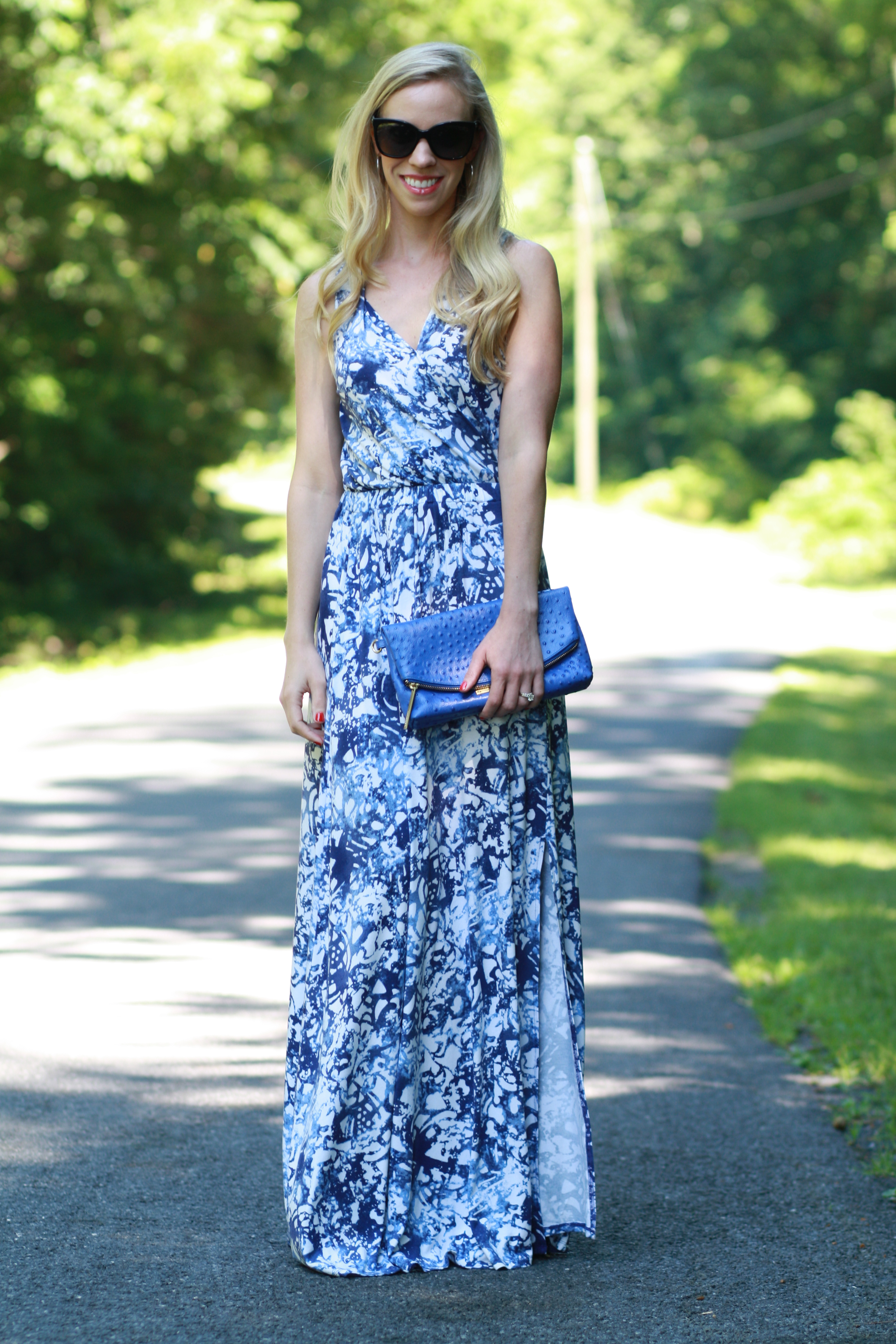 { Standing Tall: Floral maxi dress, Navy wedges & Cobalt clutch ...