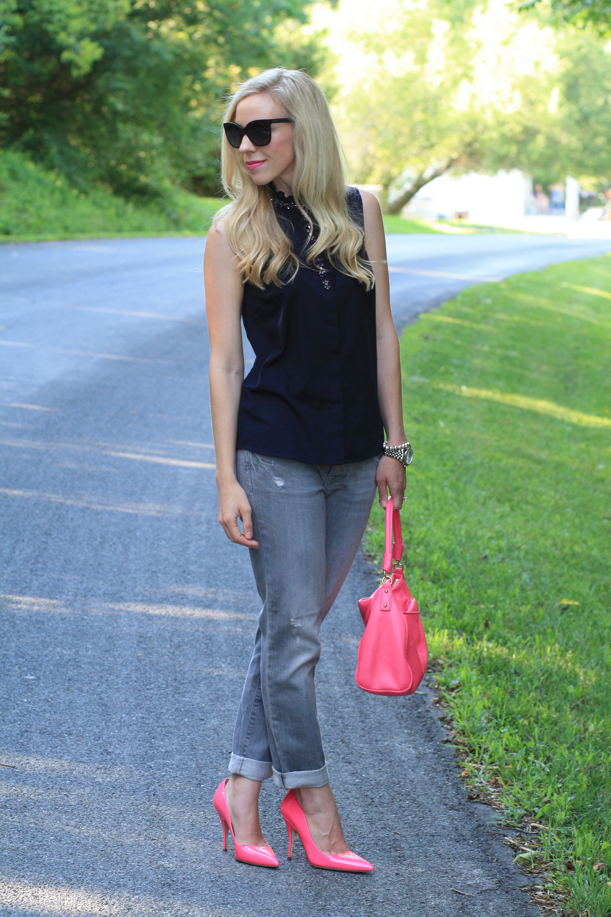 { Relaxed Refinement: Jeweled collar top, Boyfriend jeans & Pink pumps ...