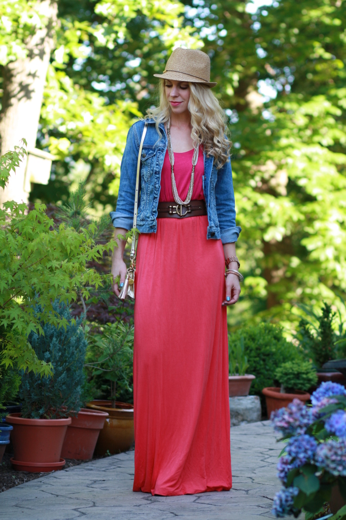 cropped denim jacket, straw fedora, colorblock dress, bright pink and orange maxi dress, long seed beed necklace