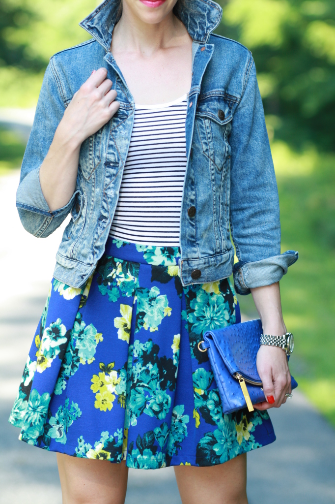 { Summer Pattern Mix: Cropped denim jacket, Striped tank & Floral skirt ...