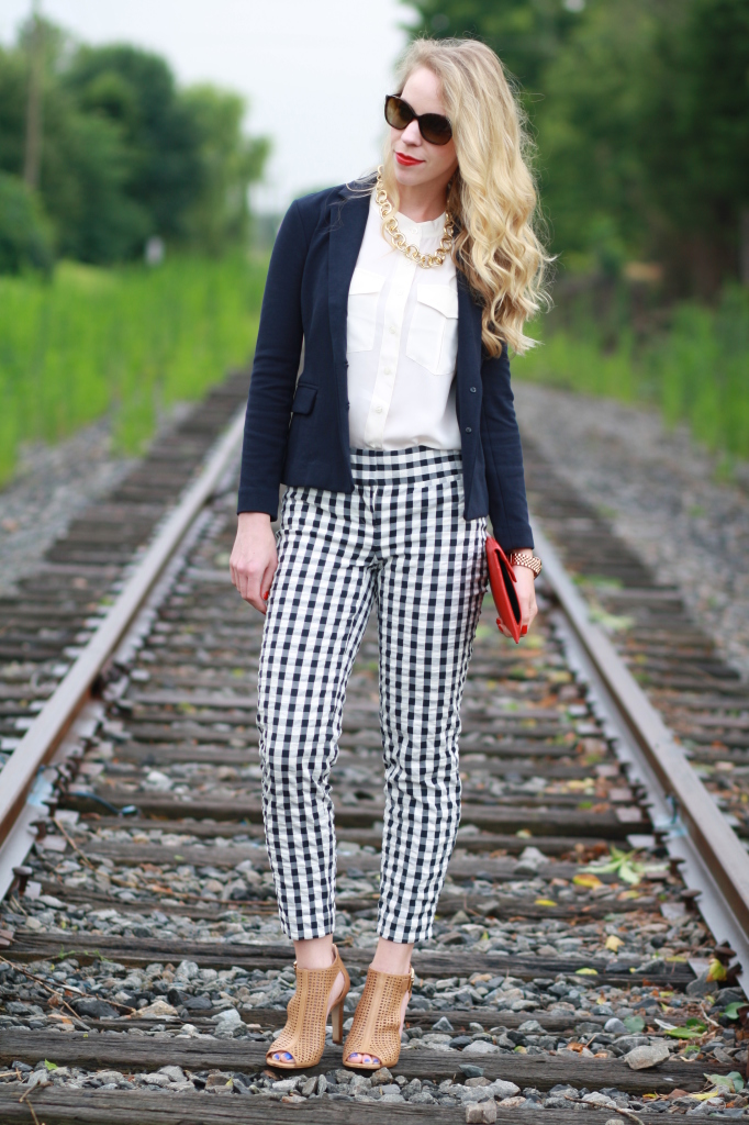 navy blazer, cream blouse, LOFT navy gingham check pants, tan perforated leather open toe booties, red clutch