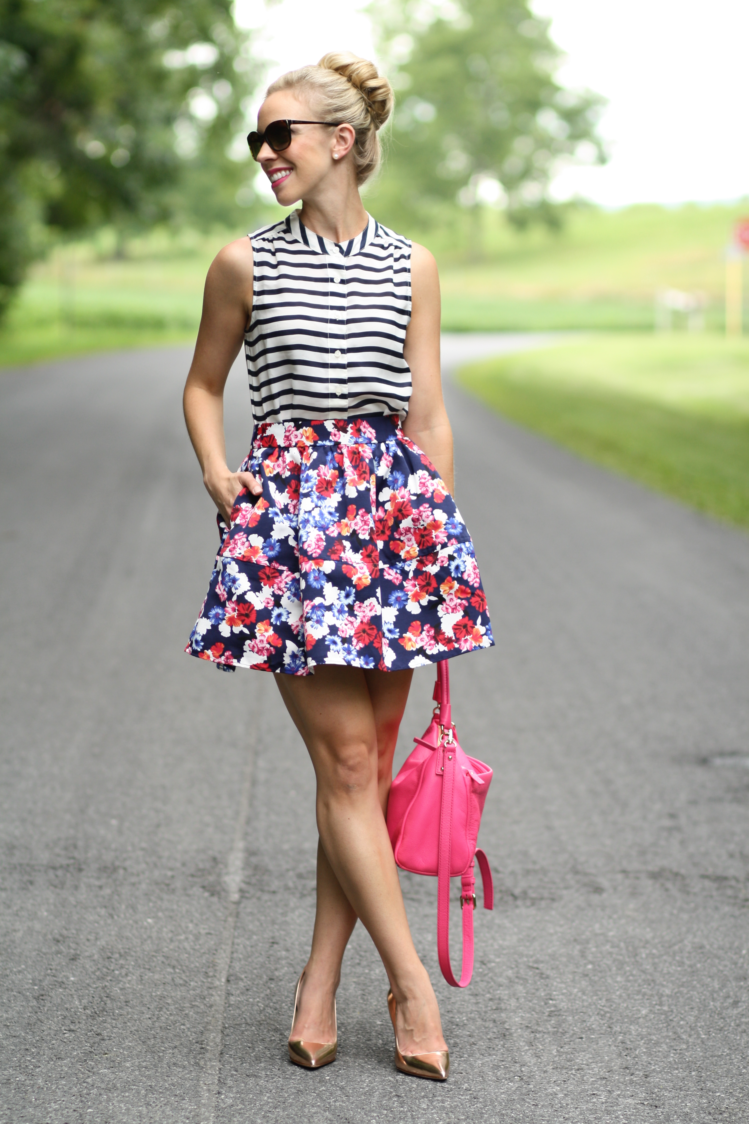 Cupcake: Striped blouse, Floral print full skirt & Rose gold pumps