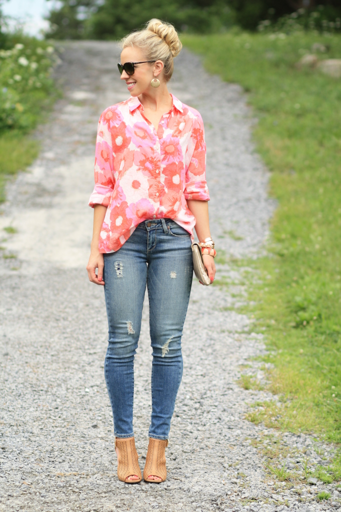 { Oversized Blooms: Floral print shirt, Distressed denim & Open-toe ...