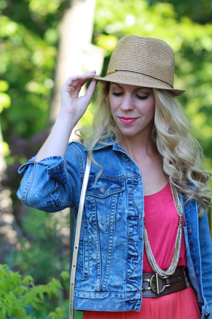 straw fedora, long seed bead necklace, cropped vintage distressed denim jacket J. Crew, colorblock maxi dress