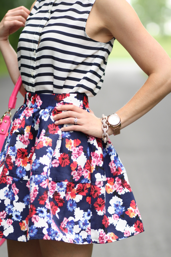 stripes and floral print mixing, pattern mixing, navy striped blouse, rose gold Michael Kors watch, pave chain link bracelet, high waist full floral print skirt, hot pink bag
