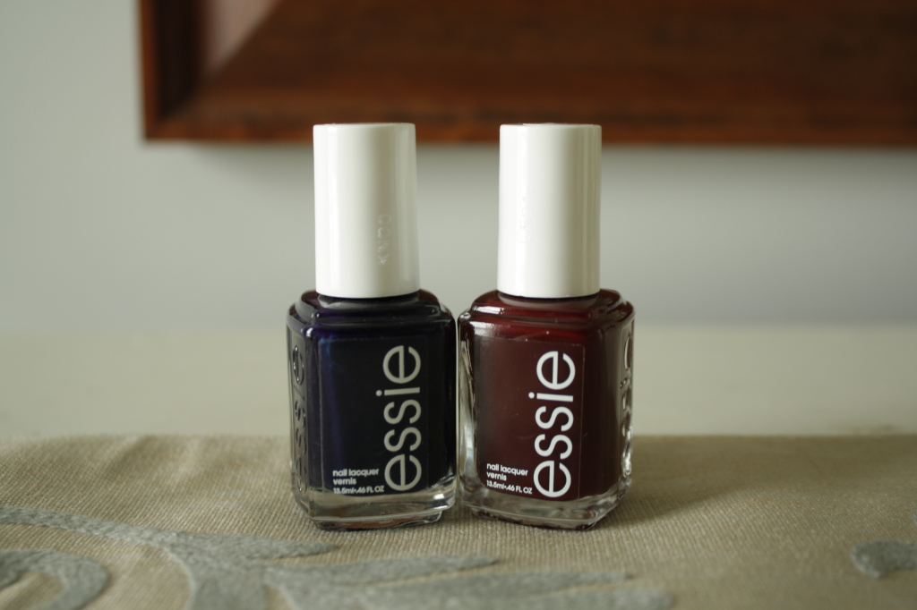 Essie fall nail polish, midnight cami, berry naughty, dark blue polish, deep burgundy red polish