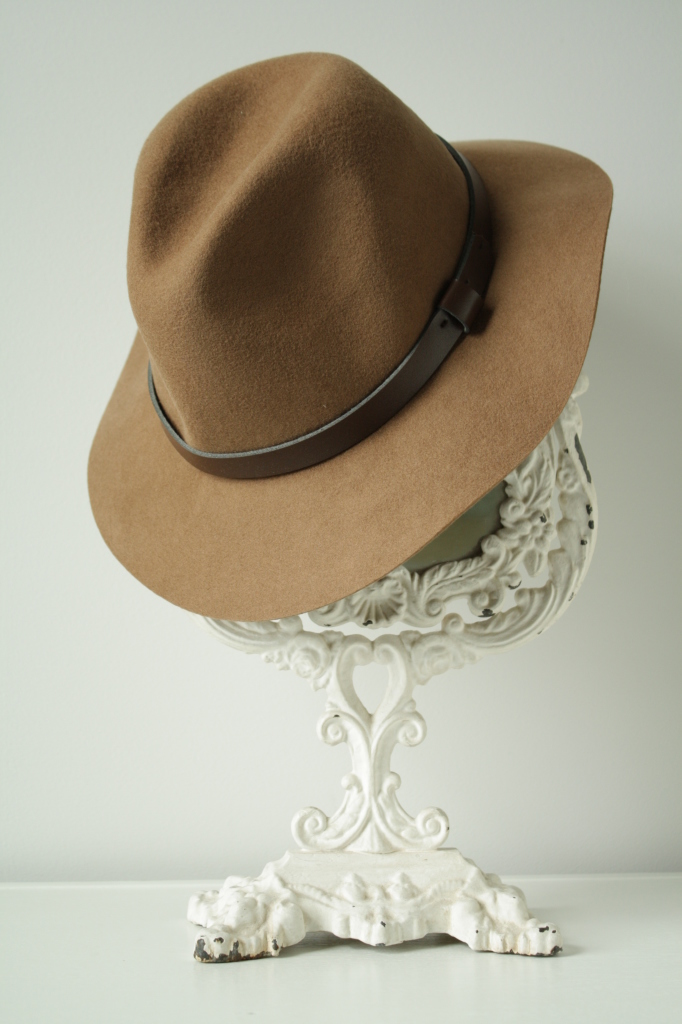 H&M wool felt hat, camel wool fedora with leather trim band
