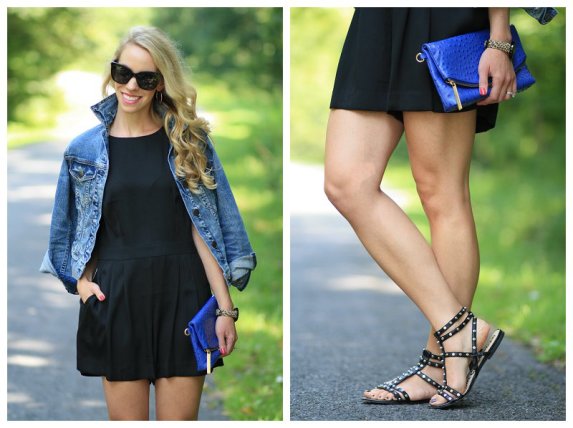 { Black & Blue: Cropped denim jacket, Sleeveless romper & Studded ...