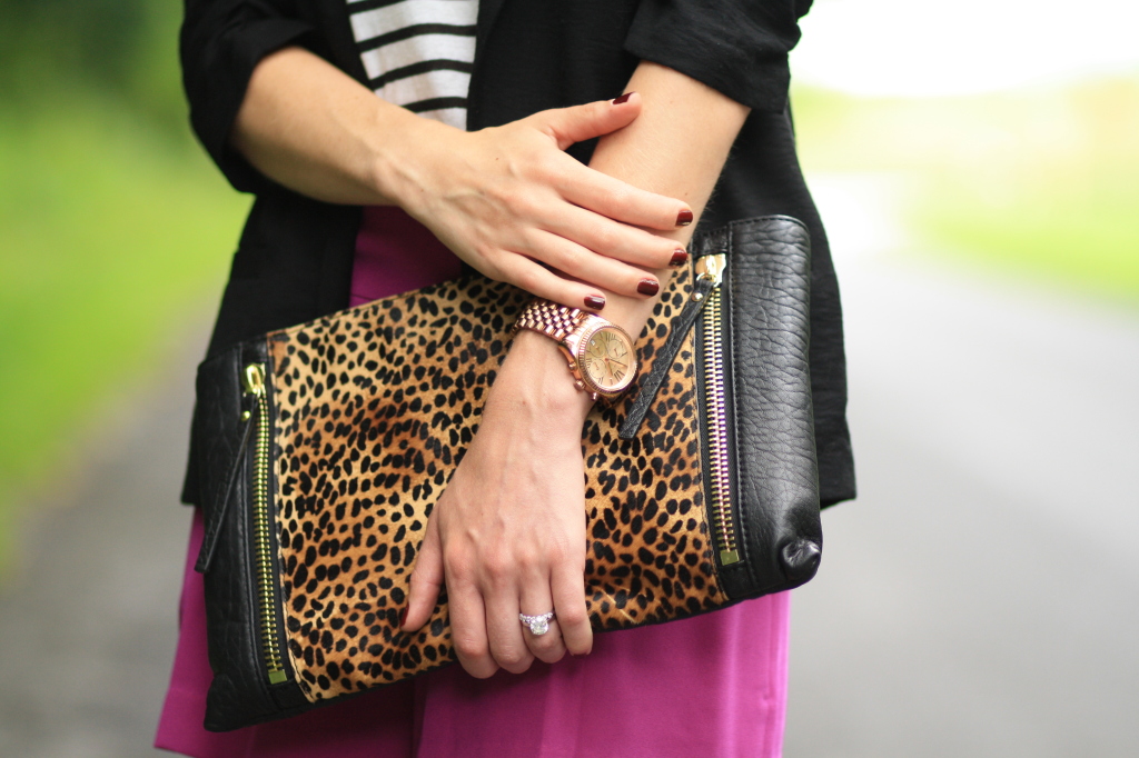 Vince Camuto Baily leopard print clutch, Michael Kors rose gold watch