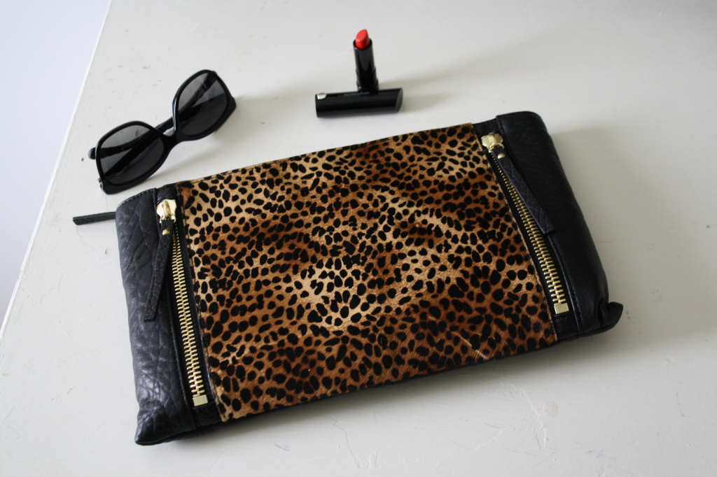 Vince Camuto leopard calf hair clutch, Nordstrom, Chanel sunglasses, Bare Minerals red lipstick