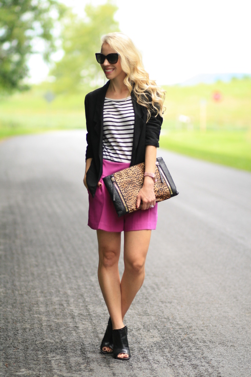 { Purple Pop: Boyfriend blazer, Pleated shorts & Leopard clutch ...