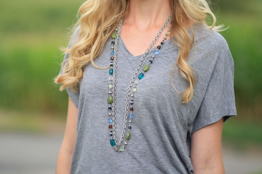 oversized gray tee, premier designs long silver beaded necklace