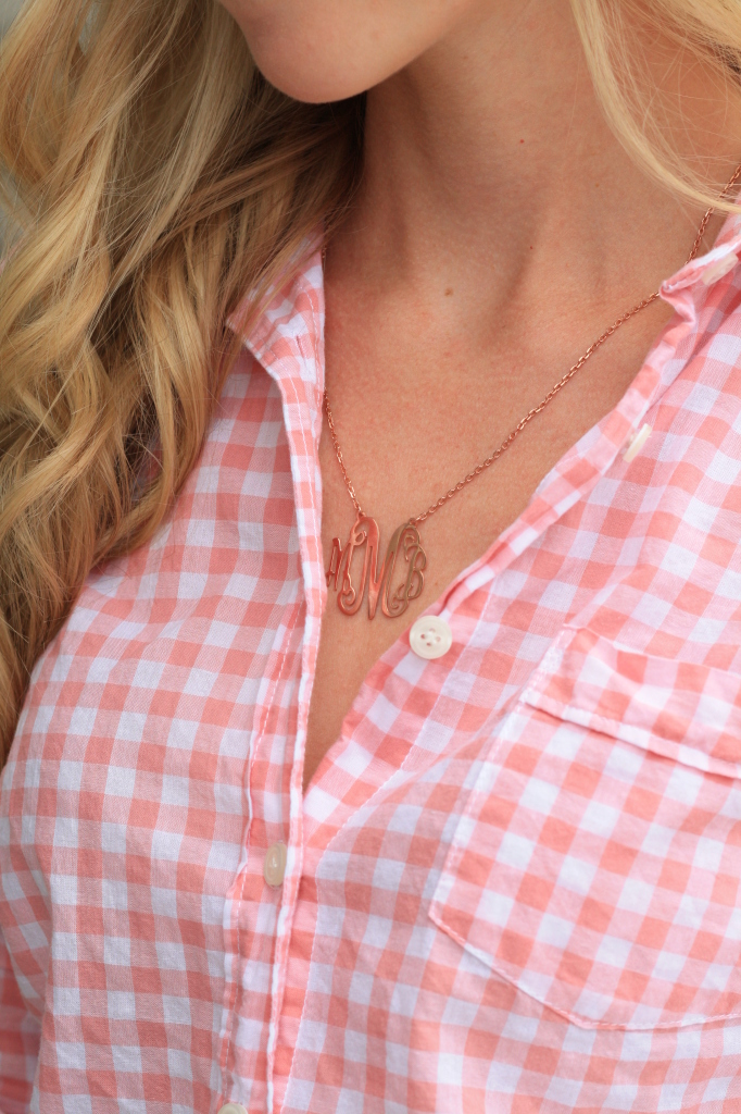 pink gingham button down, rose gold monogram initial necklace